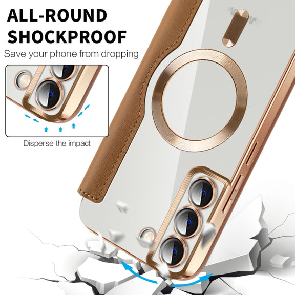 For Samsung Galaxy S23 5G Shield Magsafe RFID Anti-theft Rhombus Leather Phone Case(Brown)