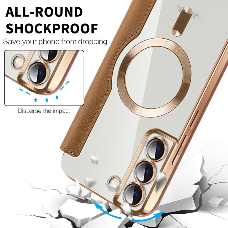 For Samsung Galaxy S23 5G Shield Magsafe RFID Anti-theft Rhombus Leather Phone Case(Brown)