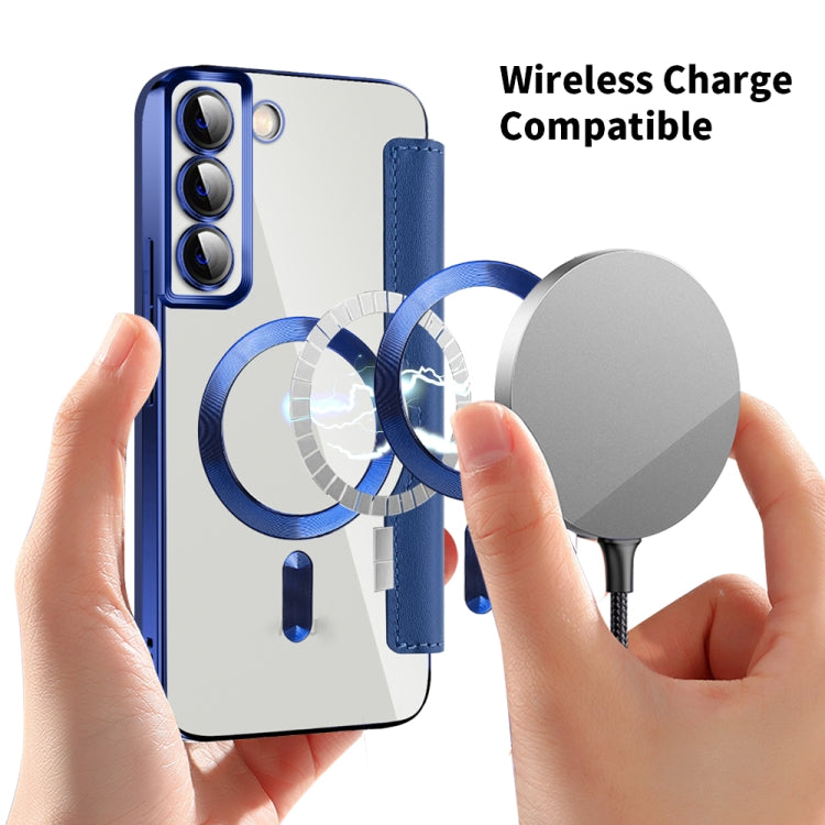 For Samsung Galaxy S23+ 5G Shield Magsafe RFID Anti-theft Rhombus Leather Phone Case(Dark Blue)