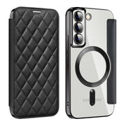 For Samsung Galaxy S22 5G Shield Magsafe RFID Anti-theft Rhombus Leather Phone Case(Black)