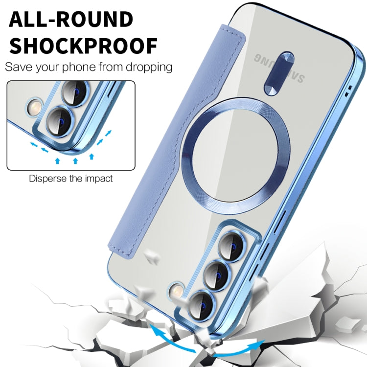 For Samsung Galaxy S22 5G Shield Magsafe RFID Anti-theft Rhombus Leather Phone Case(Blue)