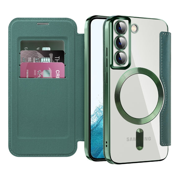 For Samsung Galaxy S22 5G Shield MagSafe RFID Anti-theft Rhombus Leather Phone Case(Green)
