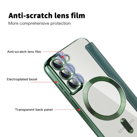 For Samsung Galaxy S22 5G Shield MagSafe RFID Anti-theft Rhombus Leather Phone Case(Green)