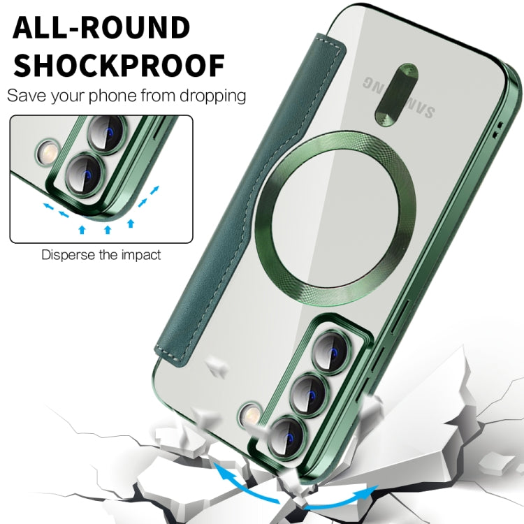 For Samsung Galaxy S22 5G Shield MagSafe RFID Anti-theft Rhombus Leather Phone Case(Green)
