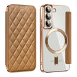 For Samsung Galaxy S22 5G Shield Magsafe RFID Anti-theft Rhombus Leather Phone Case(Brown) - Galaxy S22 5G Cases by PMC TechLife | Online Shopping South Africa | PMC TechLife