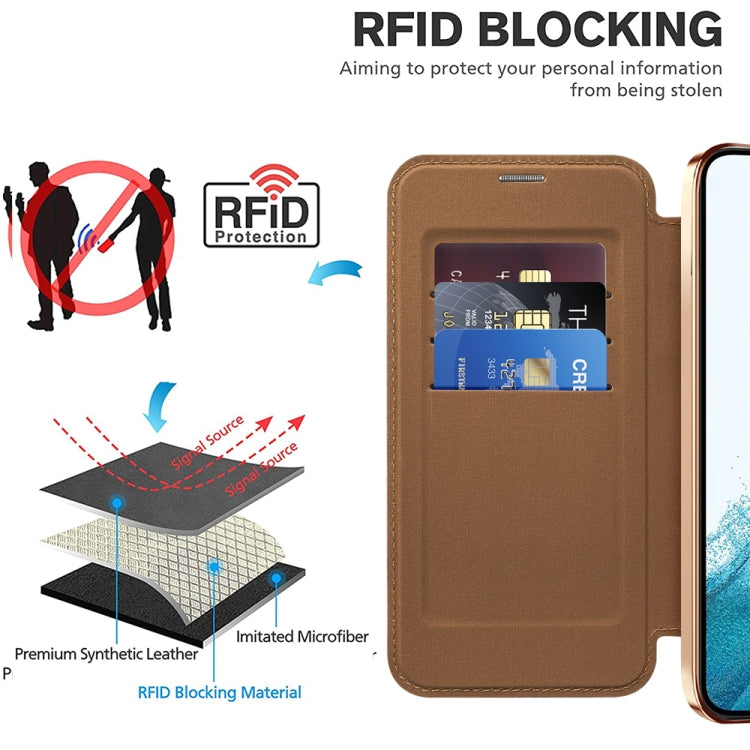 For Samsung Galaxy S22 5G Shield Magsafe RFID Anti-theft Rhombus Leather Phone Case(Brown)
