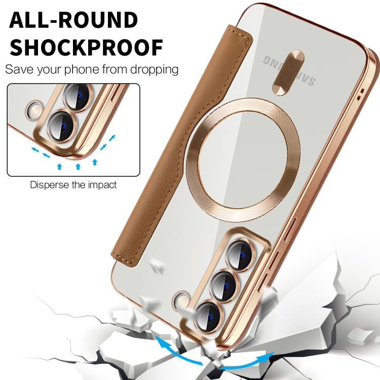 For Samsung Galaxy S22 5G Shield Magsafe RFID Anti-theft Rhombus Leather Phone Case(Brown)