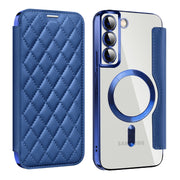 For Samsung Galaxy S22+ 5G Shield MagSafe RFID Anti-theft Rhombus Leather Phone Case(Dark Blue)
