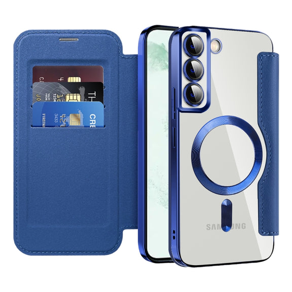 For Samsung Galaxy S22+ 5G Shield MagSafe RFID Anti-theft Rhombus Leather Phone Case(Dark Blue)
