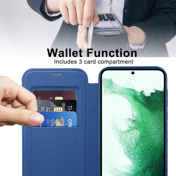 For Samsung Galaxy S22+ 5G Shield MagSafe RFID Anti-theft Rhombus Leather Phone Case(Dark Blue)