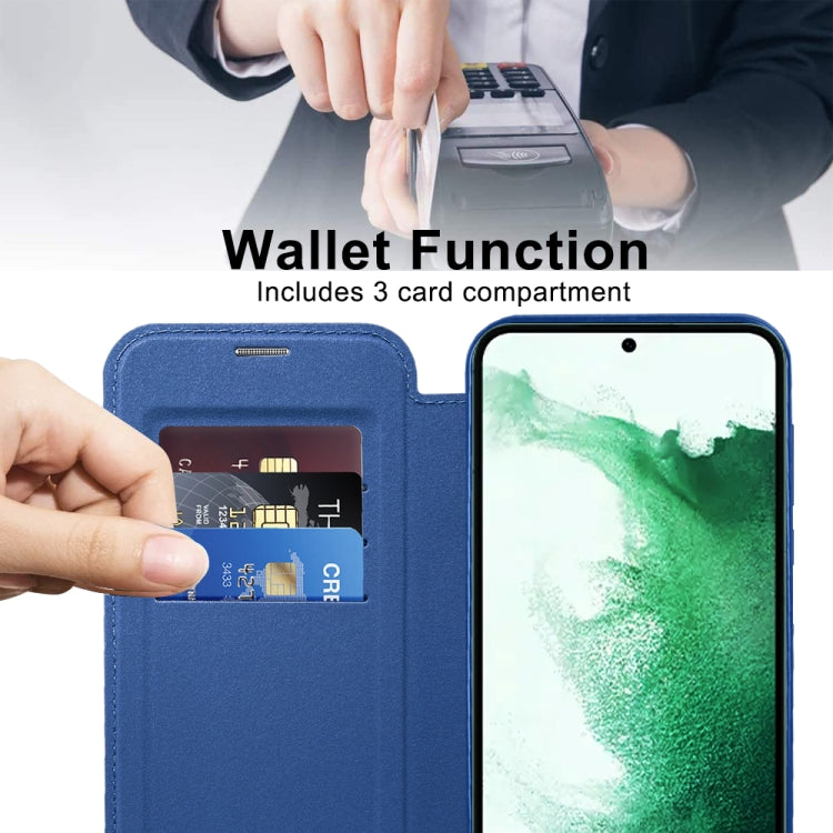 For Samsung Galaxy S22+ 5G Shield MagSafe RFID Anti-theft Rhombus Leather Phone Case(Dark Blue)