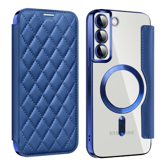 For Samsung Galaxy S22+ 5G Shield MagSafe RFID Anti-theft Rhombus Leather Phone Case(Dark Blue)