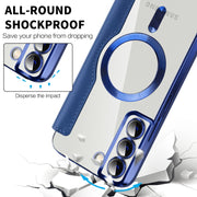 For Samsung Galaxy S22+ 5G Shield MagSafe RFID Anti-theft Rhombus Leather Phone Case(Dark Blue)