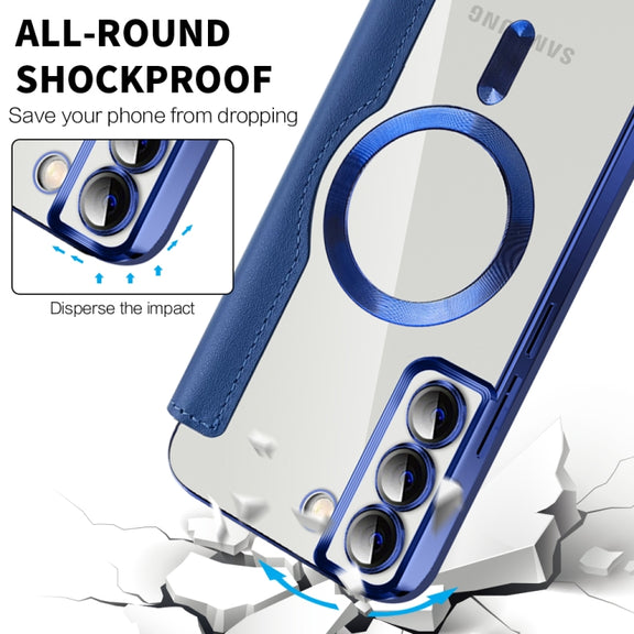 For Samsung Galaxy S22+ 5G Shield MagSafe RFID Anti-theft Rhombus Leather Phone Case(Dark Blue)