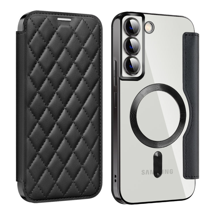 For Samsung Galaxy S22+ 5G Shield MagSafe RFID Anti-theft Rhombus Leather Phone Case(Black)