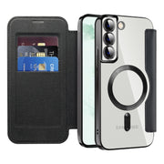For Samsung Galaxy S22+ 5G Shield MagSafe RFID Anti-theft Rhombus Leather Phone Case(Black)