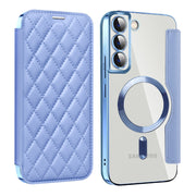 For Samsung Galaxy S22+ 5G Shield MagSafe RFID Anti-theft Rhombus Leather Phone Case(Blue)