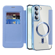 For Samsung Galaxy S22+ 5G Shield MagSafe RFID Anti-theft Rhombus Leather Phone Case(Blue)