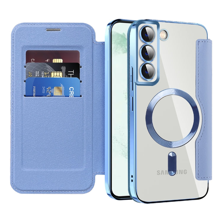For Samsung Galaxy S22+ 5G Shield MagSafe RFID Anti-theft Rhombus Leather Phone Case(Blue)