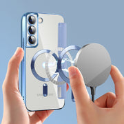 For Samsung Galaxy S22+ 5G Shield MagSafe RFID Anti-theft Rhombus Leather Phone Case(Blue)