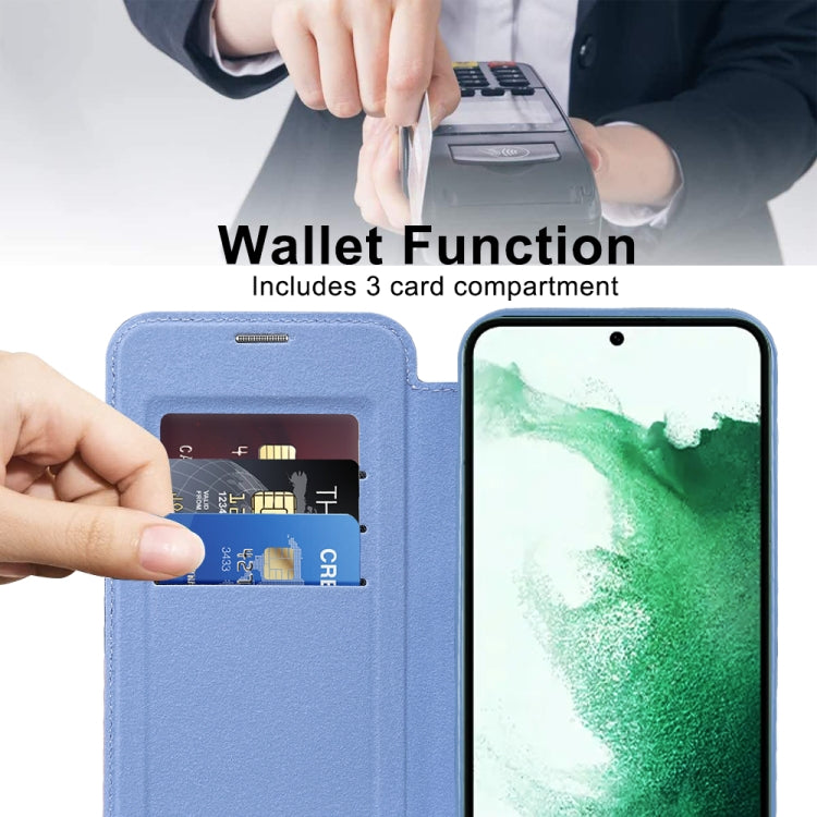 For Samsung Galaxy S22+ 5G Shield MagSafe RFID Anti-theft Rhombus Leather Phone Case(Blue)