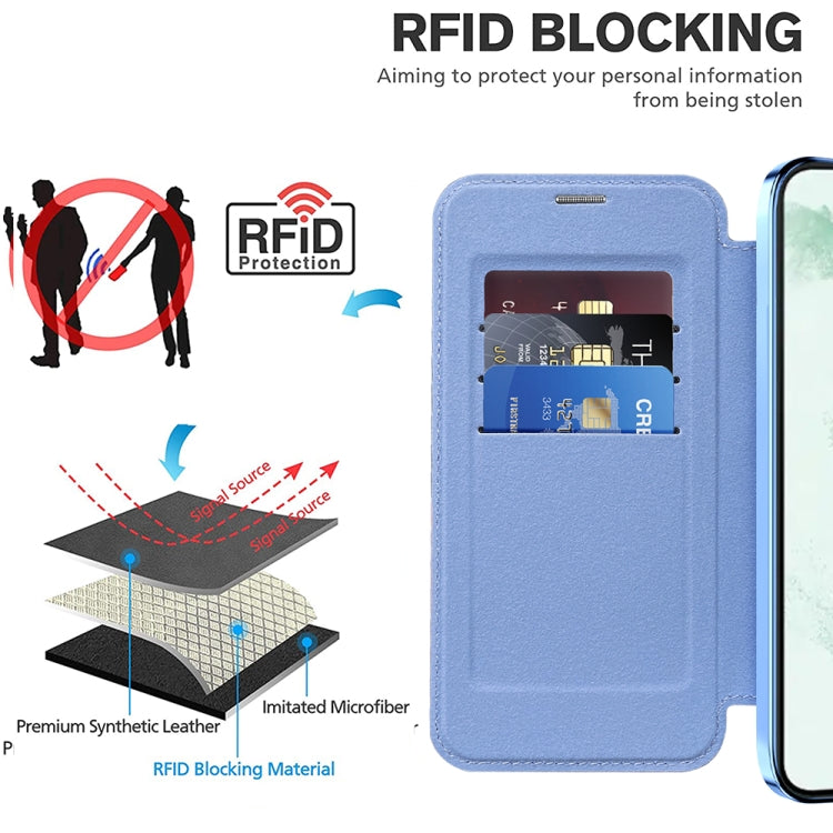 For Samsung Galaxy S22+ 5G Shield MagSafe RFID Anti-theft Rhombus Leather Phone Case(Blue)