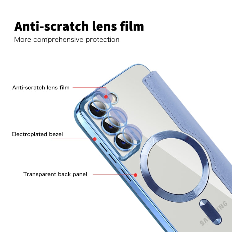 For Samsung Galaxy S22+ 5G Shield MagSafe RFID Anti-theft Rhombus Leather Phone Case(Blue)