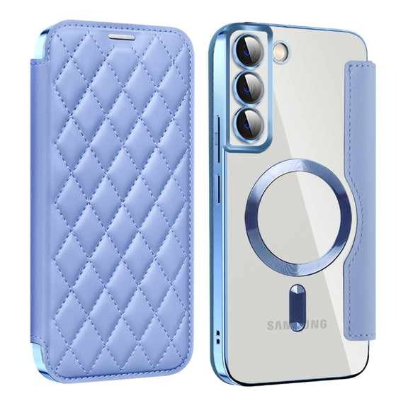 For Samsung Galaxy S22+ 5G Shield MagSafe RFID Anti-theft Rhombus Leather Phone Case(Blue)