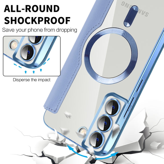 For Samsung Galaxy S22+ 5G Shield MagSafe RFID Anti-theft Rhombus Leather Phone Case(Blue)