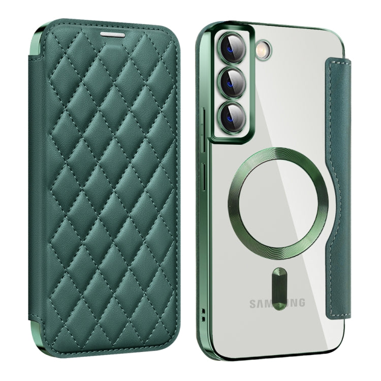 For Samsung Galaxy S22+ 5G Shield MagSafe RFID Anti-theft Rhombus Leather Phone Case(Green)