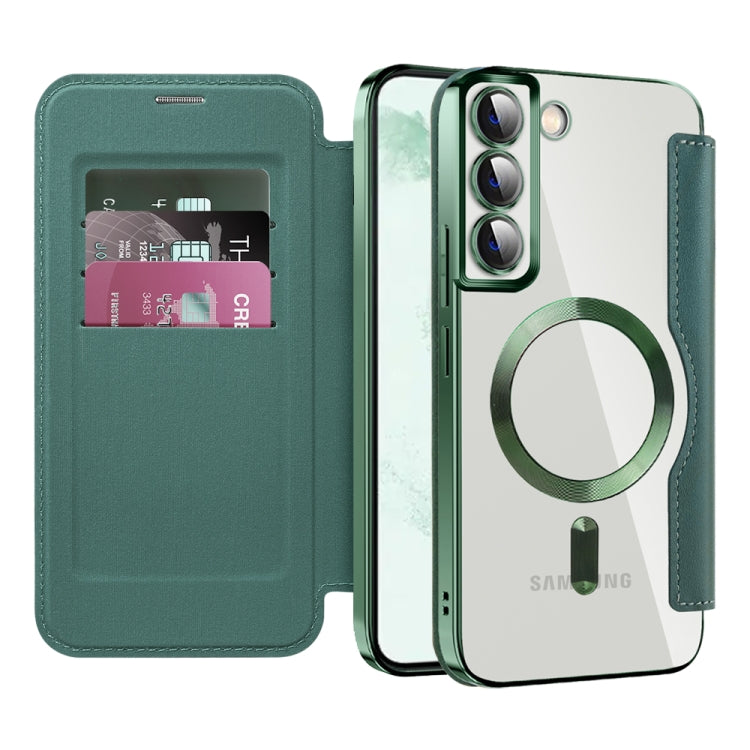 For Samsung Galaxy S22+ 5G Shield MagSafe RFID Anti-theft Rhombus Leather Phone Case(Green)