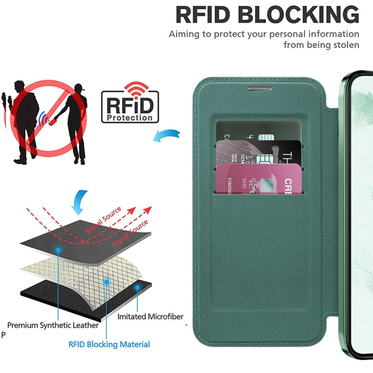 For Samsung Galaxy S22+ 5G Shield MagSafe RFID Anti-theft Rhombus Leather Phone Case(Green)