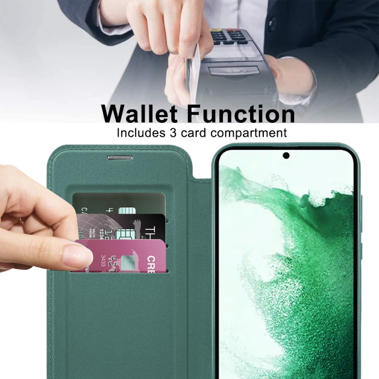 For Samsung Galaxy S22+ 5G Shield MagSafe RFID Anti-theft Rhombus Leather Phone Case(Green)