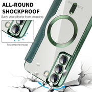 For Samsung Galaxy S22+ 5G Shield MagSafe RFID Anti-theft Rhombus Leather Phone Case(Green)