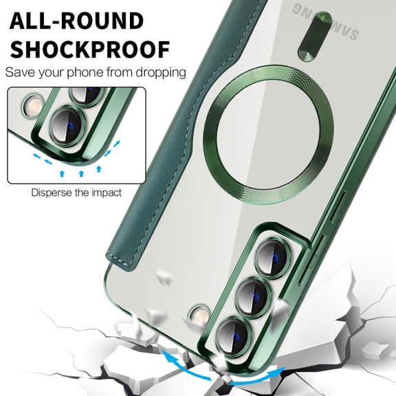 For Samsung Galaxy S22+ 5G Shield MagSafe RFID Anti-theft Rhombus Leather Phone Case(Green)