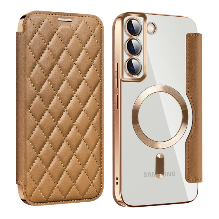 For Samsung Galaxy S22+ 5G Shield MagSafe RFID Anti-theft Rhombus Leather Phone Case(Brown)
