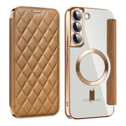 For Samsung Galaxy S22+ 5G Shield MagSafe RFID Anti-theft Rhombus Leather Phone Case(Brown)