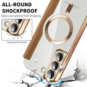 For Samsung Galaxy S22+ 5G Shield MagSafe RFID Anti-theft Rhombus Leather Phone Case(Brown)
