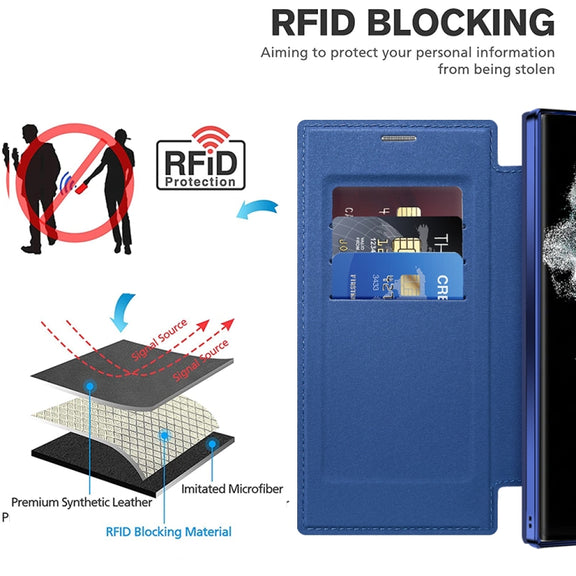 For Samsung Galaxy S22 Ultra 5G Shield Magsafe RFID Anti-theft Rhombus Leather Phone Case(Dark Blue)