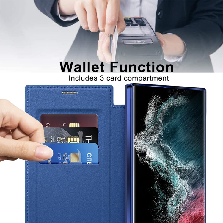 For Samsung Galaxy S22 Ultra 5G Shield Magsafe RFID Anti-theft Rhombus Leather Phone Case(Dark Blue)