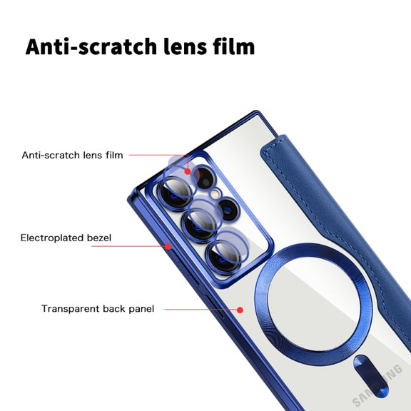 For Samsung Galaxy S22 Ultra 5G Shield Magsafe RFID Anti-theft Rhombus Leather Phone Case(Dark Blue)