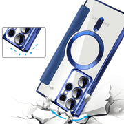 For Samsung Galaxy S22 Ultra 5G Shield Magsafe RFID Anti-theft Rhombus Leather Phone Case(Dark Blue)
