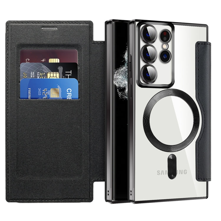 For Samsung Galaxy S22 Ultra 5G Shield Magsafe RFID Anti-theft Rhombus Leather Phone Case(Black)