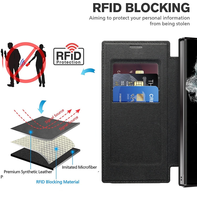 For Samsung Galaxy S22 Ultra 5G Shield Magsafe RFID Anti-theft Rhombus Leather Phone Case(Black)