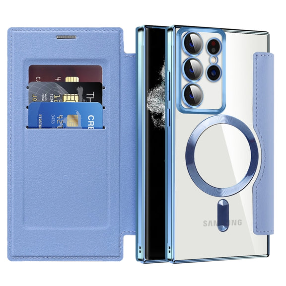 For Samsung Galaxy S22 Ultra 5G Shield MagSafe RFID Anti-theft Rhombus Leather Phone Case(Blue)