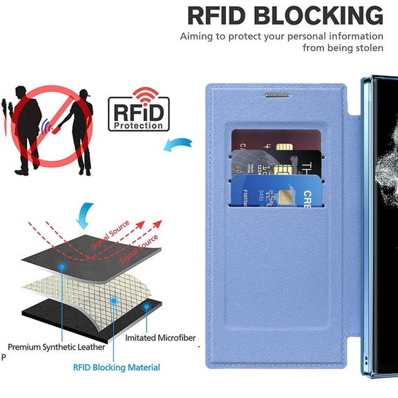For Samsung Galaxy S22 Ultra 5G Shield MagSafe RFID Anti-theft Rhombus Leather Phone Case(Blue)