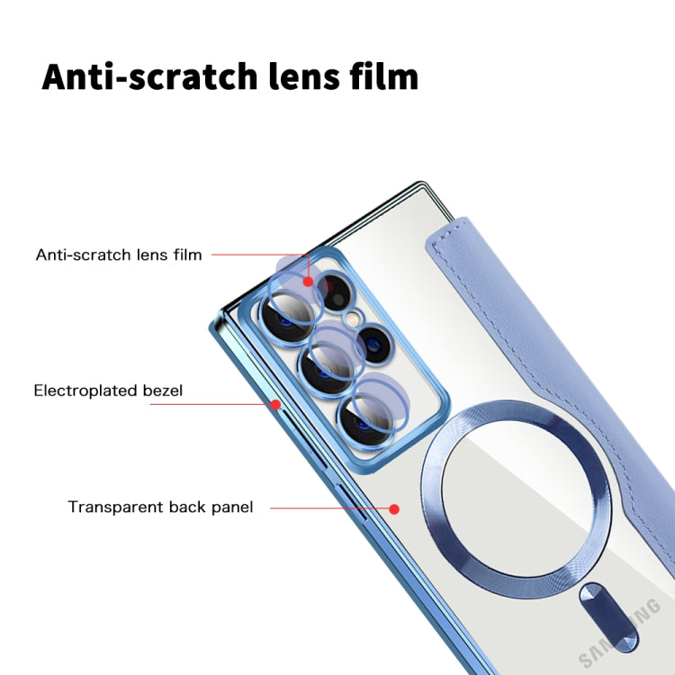 For Samsung Galaxy S22 Ultra 5G Shield MagSafe RFID Anti-theft Rhombus Leather Phone Case(Blue)