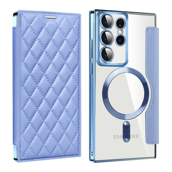 For Samsung Galaxy S22 Ultra 5G Shield MagSafe RFID Anti-theft Rhombus Leather Phone Case(Blue)