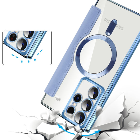 For Samsung Galaxy S22 Ultra 5G Shield MagSafe RFID Anti-theft Rhombus Leather Phone Case(Blue)