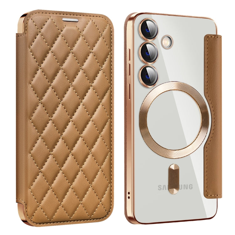 For Samsung Galaxy S24 5G Shield Magsafe RFID Anti-theft Rhombus Leather Phone Case(Brown)